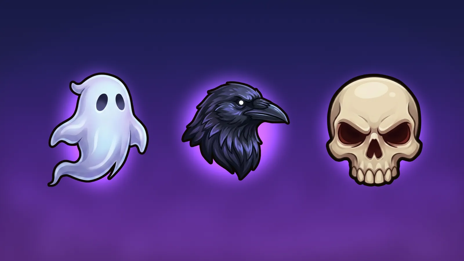 Three Haunted Harvest cosmetics glowing against a purple night sky: a friendly white ghost, a black raven's head, and a scowling skull