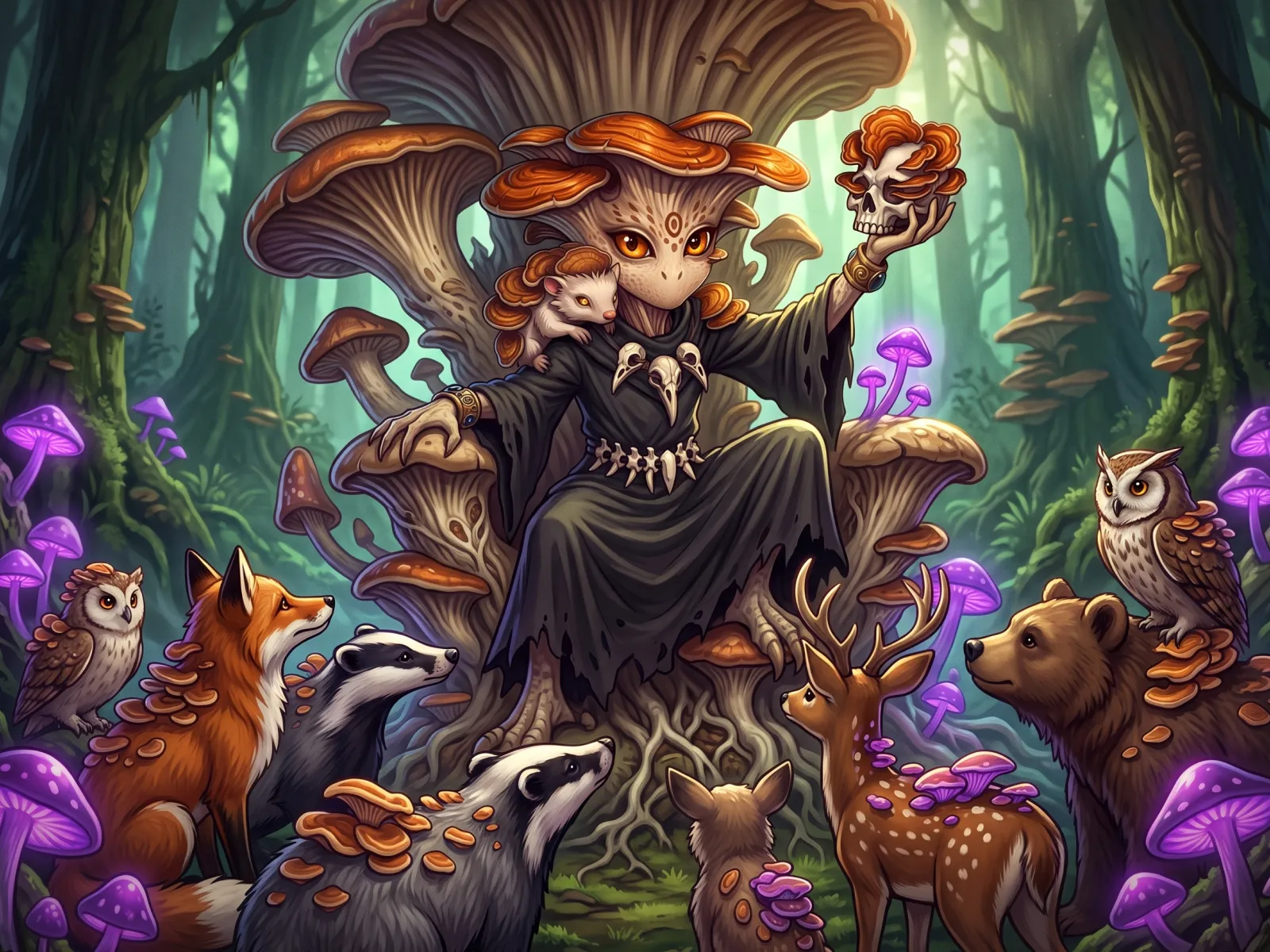 Mycella, a mushroom-capped figure in a tattered black robe and bone jewelry, sits on a throne of giant fungi holding up a fungus-crowned skull, a hedgehog on her shoulder, while a fox, badgers, deer, a bear and owls sprouting mushrooms gather at her feet in a misty forest lit by glowing purple toadstools