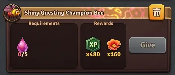 A Shiny Questing Champion Bee visitor card with a glowing golden banner, asking for 5 Nectar and paying 480 XP and 160 Wildflowers