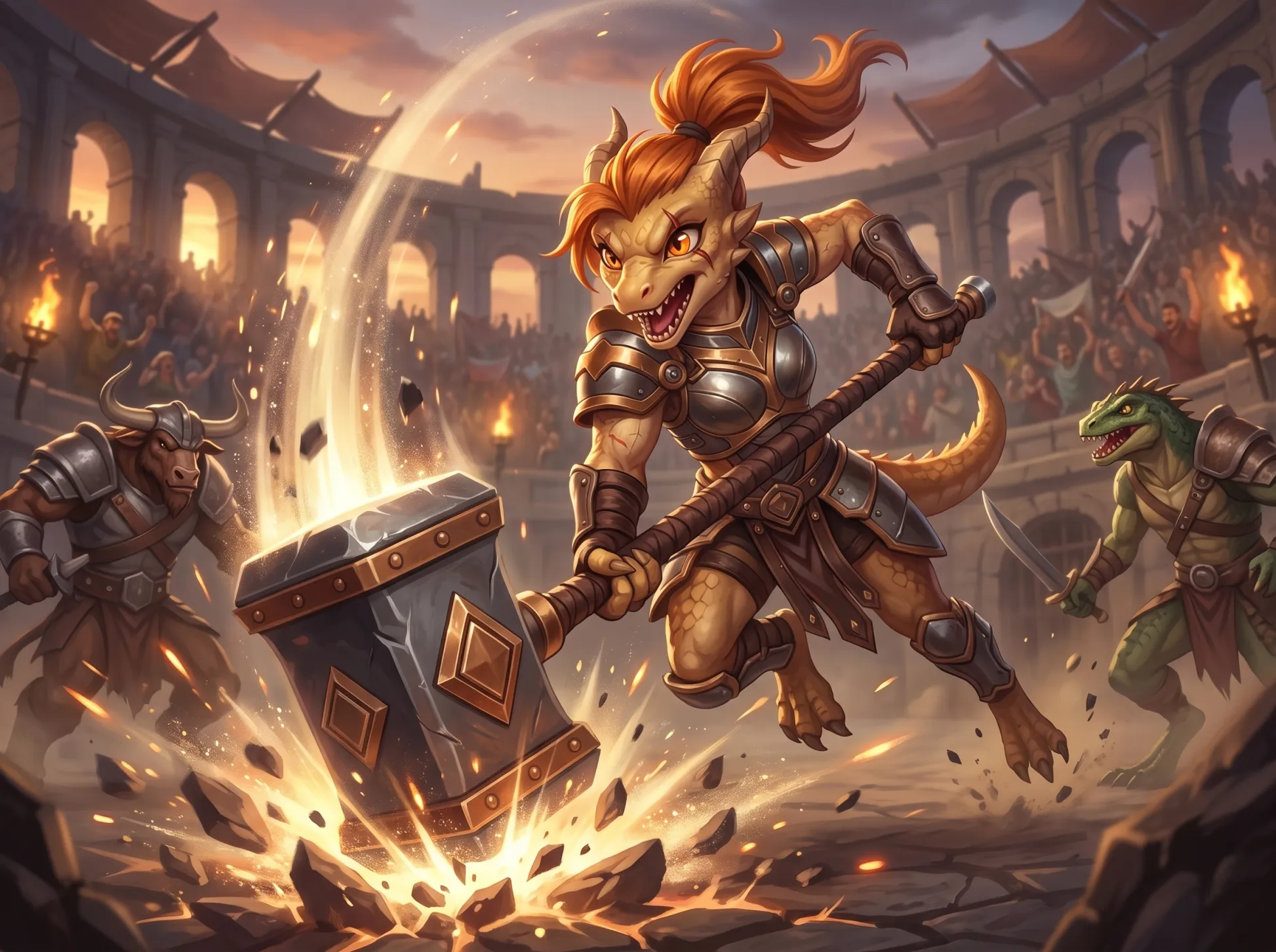 Skara the Kobold Pit Fighter smashing her hammer into the arena floor as the crowd roars