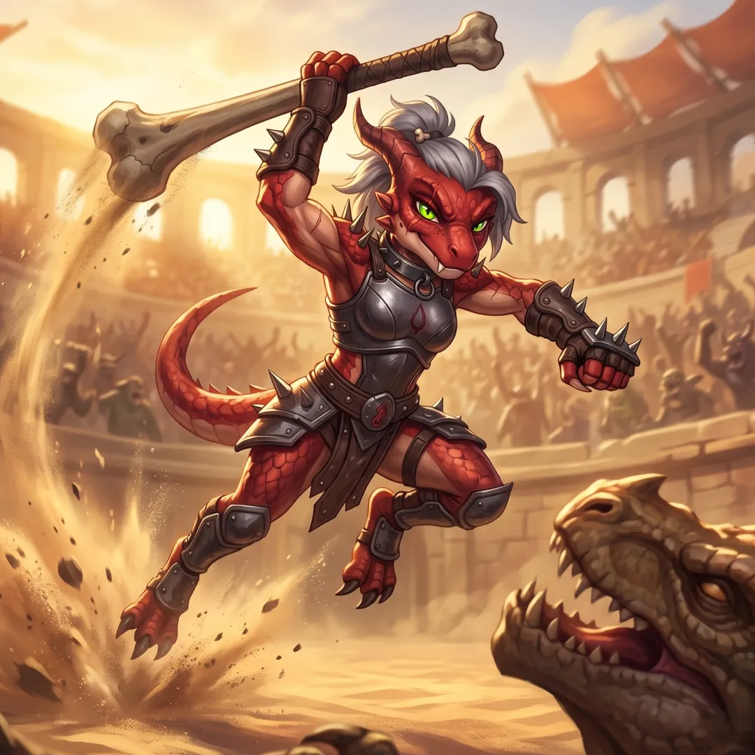 Red-scaled Skara leaping through the arena sand, bone club raised high as the crowd cheers
