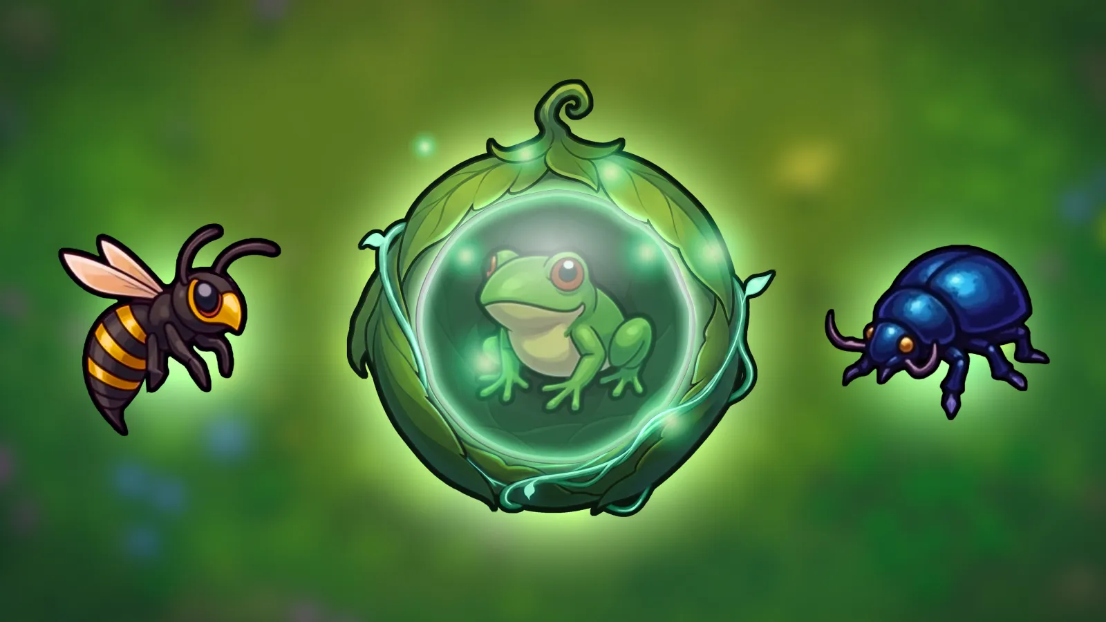 Wild Garden Wildlife: a striped wasp, a green frog inside a glowing orb wrapped in leaves and vines, and a shiny blue beetle over a blurred garden meadow