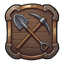 Toolmaker emblem — crossed shovel and pickaxe on wooden planks